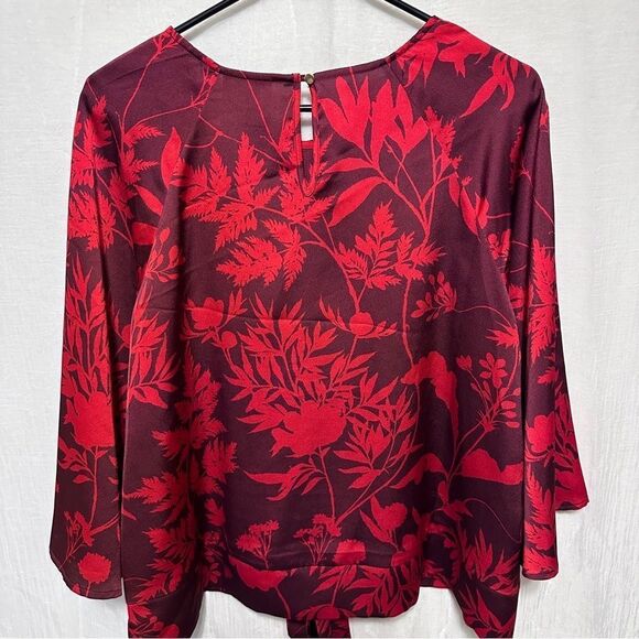 Liz Claiborne Career Red Floral Front Tie Blouse Size Large - Picture 4 of 8